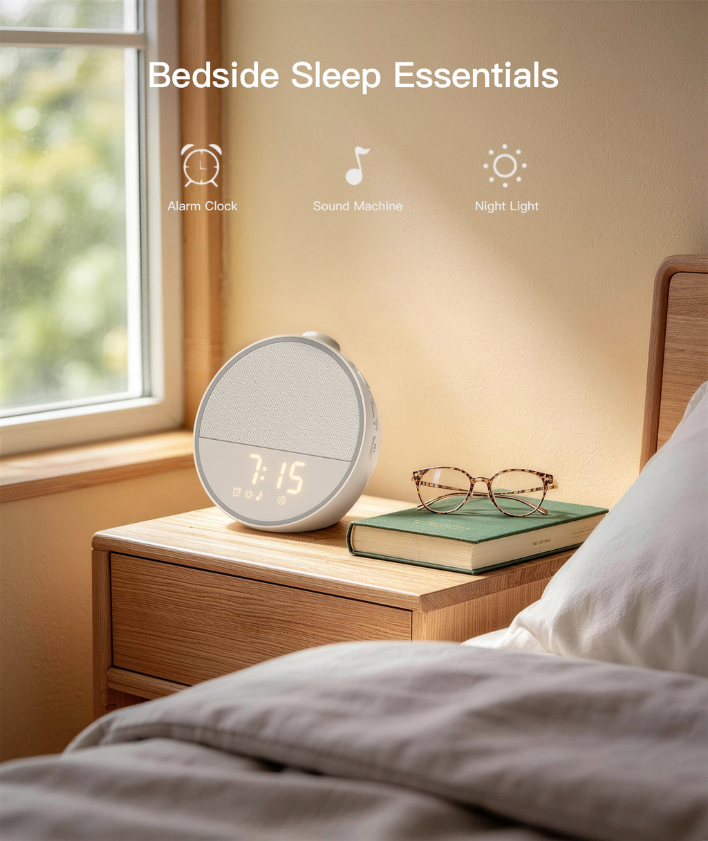 Narelu Sound Machine - Alarm Clock White Noise Sound Machine for Sleep, Night Light, 30 Soothing Sounds, 10 Gentle Alarms, Sleep Timer, Screen-Free Sleep Routine for Adults, Travel, Nightstand, Office